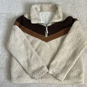 T X S Women’s Ivory with Brown and Tan Stripes Sherpa Pullover Size L